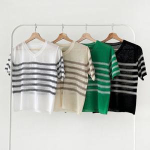 [샵앤]라올 국산 여성V넥 단가라 반팔 니트 티셔츠 21DS-WKN-239