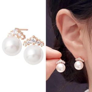 14K 골드필드 핀 큐빅 왕관 진주 하객 결혼식 귀걸이