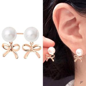 14K 골드필드 핀 진주 리본 드롭 하객 결혼식 귀걸이