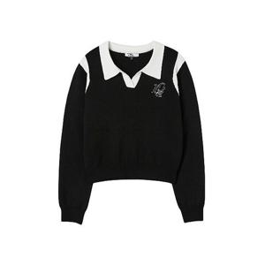 [랩]MARIOAQ4KHA21 배색 오픈 카라 로고 자수 니트