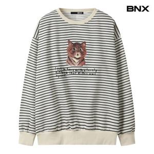[BNX] 단가라 캣 프린팅 기모 맨투맨 티셔츠 (BX4TS009L0)