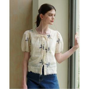 [위시드]플라워 자수 레이스 반팔 블라우스 (WICBBL062)