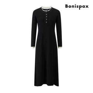 [보니스팍스(여성의류)]배색 헨리넥 니트 롱 원피스 XPBOP003M0