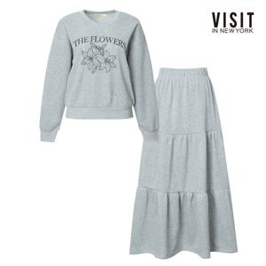 비지트인뉴욕  기모 플라워 자수 맨투맨 앤 롱 스커트 투피스 (V5CST02)