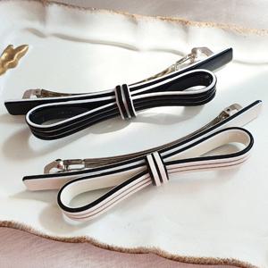 [바이진주리본] 줄무늬 리본 자동 헤어핀 반묶음머리 포인트핀