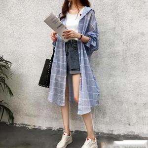 [에스이엔몰] 여자 체크 롱 후드 캐주얼 여름 오버핏 셔츠