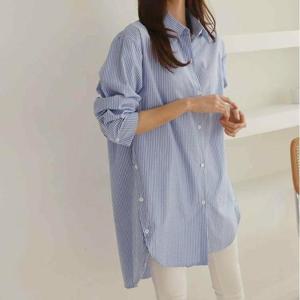 긴팔 스트라이프 오버핏 단추 버튼 롱 셔츠 면 원피스