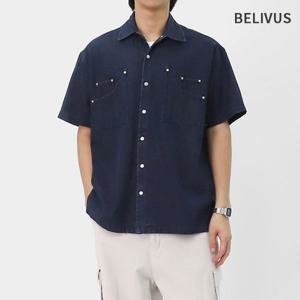 빌리버스 남성 반팔 데님셔츠 소매조절 포켓 청 남방 BXR054