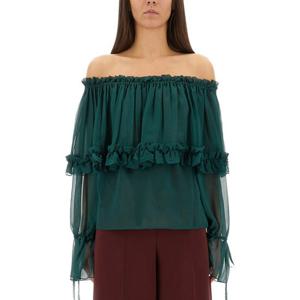 생로랑 오프숄더 러플 실크 블라우스 822935 Y115W3330