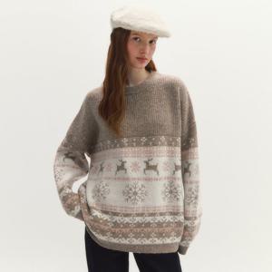 [마리끌레르][정가89,000]스노우 플라워 루돌프 노르딕 울 블렌드 라운드 니트(MAFDKN19MBR)