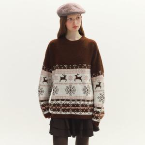 [마리끌레르][정가89,000]스노우 플라워 루돌프 노르딕 울 블렌드 라운드 니트(MAFDKN19MDW)