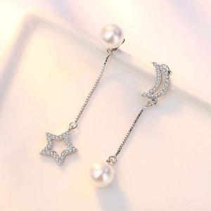 AAA 지르코니아 언발런스 달 진주 은침 쉘 귀걸이 별