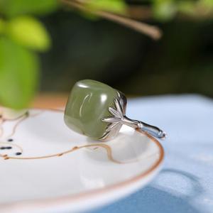 S925 대나무잎 반지 복고풍 시리즈 옥 자연주의 청옥