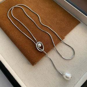 심플 스퀘어 펄 진주 실체인 롱 긴 네크리스 길이조절 실버