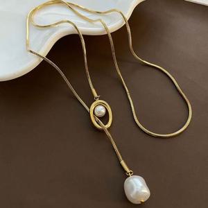 심플 스퀘어 펄 진주 실체인 롱 긴 네크리스 길이조절 골드