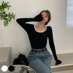 넥라인 크롭한 기장 긴팔티 URD255 니트 U넥 단체티 단체티