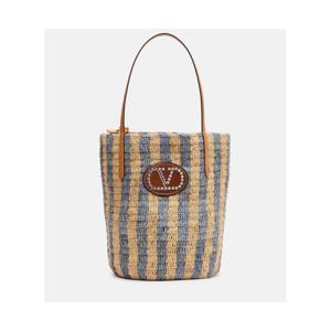 발렌 VLogo 라지 레더 트리밍 스트라이프 라피아 토트 백 P01127108