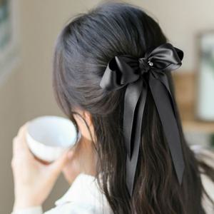 (엔젤슈슈) 새틴 롱리본 자동 헤어핀(블랙) 반묶음핀