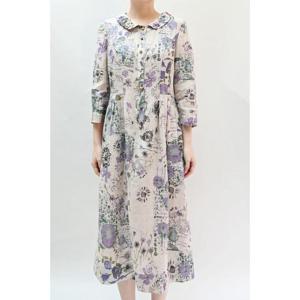 [비꼴리끄]린넨 프린트 라운드 카라 칠부 원피스 B242WO3230