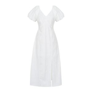 [에이비에프지]백 트임 절개 포인트 면자수 V넥 롱 원피스 APZ2QO02F