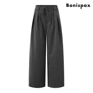 [보니스팍스(여성의류)]와이드 핀턱 스트라이프 롱 팬츠  XP3TA005L0