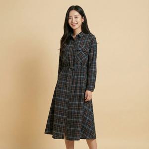[꼼빠니아]체크 허리끈 롱 셔츠 원피스-CW23OB2302009B