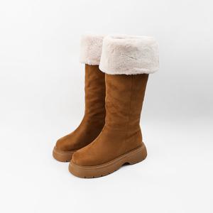 [신난다슈] 여성 롱부츠 5cm 여자 방한 워커 털 부츠 기모 퍼 스웨이드 통굽 FL251490 베이지
