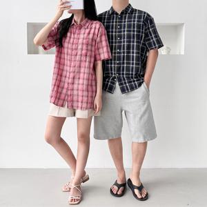 비욘드라이프 볼카 남녀공용 린넨 체크 반팔셔츠 1002341