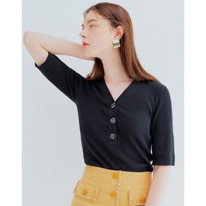 질스튜어트 뉴욕 여성 25SS 블랙 단색 코튼혼방 반팔니트 WJSW5B773BK