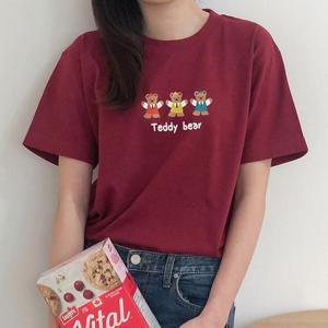 [험블] 베어 일러스트 레터링 루즈핏 여자 반팔티 버건디