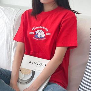 [험블] 원더링 레터링 루즈핏 여성 면 반팔 티셔츠 레드
