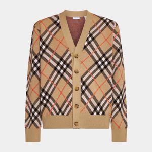 버버리 남성 체크 울 모헤어 블렌드 브이넥 가디건 샌드 8093494
