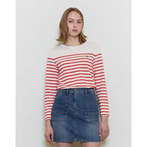 헤지스 여성 25SS 면100%레드 스트라이프 버튼 장식 긴소매 티셔츠 HSTS5A103R2