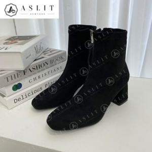 [애슬릿] 스웨이드 스퀘어 토 삭스 스판 앵클 부츠 6cm