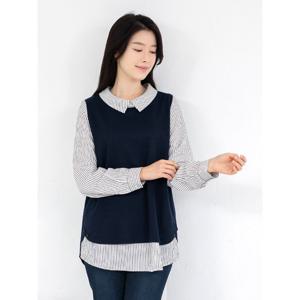 [모슬린]엄마옷 스트라이프 카라 배색 블라우스 515FGH564 마담/