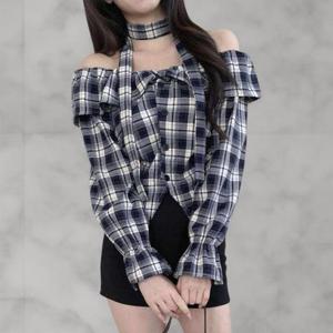여성 캐쥬얼 넥스트랩 프릴 격자 블라우스