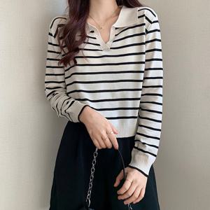 [올리비에스클로젯]데일리 오픈카라 줄지 긴팔 니트_O2602KN604A