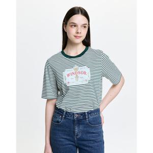 헤지스 여성 26SS 루즈핏 스트라이프 그래픽 반팔 티셔츠 다크그린 HSTS6BC25E3