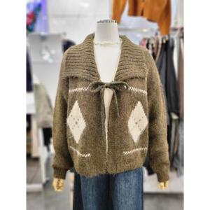 밸리걸 세이브존01 아가일 빅카라 리본 타이 루즈핏 니트 가디건 614110-1