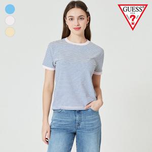 [게스(진)]여성 립 배색 골지 스트라이프 반팔티 OO2K1477
