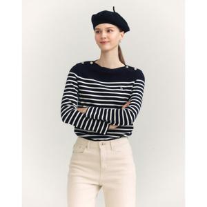 헤지스 여성 24FW 반값세일면100% 네이비 스트라이프 버튼 장식 긴소매 티셔츠 HSTS4DC82N2