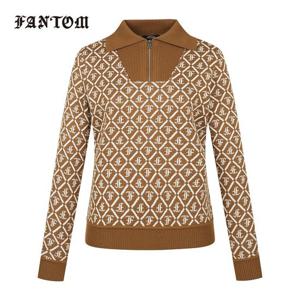 [팬텀] 여성 아가일 로고 패턴 반집업 기모 니트