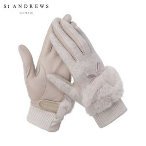 [세인트앤드류스] 여성 퍼 리본 레더 믹스 양손 장갑