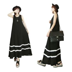 여성 블랙색상 바캉스 치마 투라인 민소매 롱 원피스