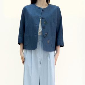 [비꼴리끄(여성)]컬러 데님 자수 카라리스 자켓 B252DJ2080