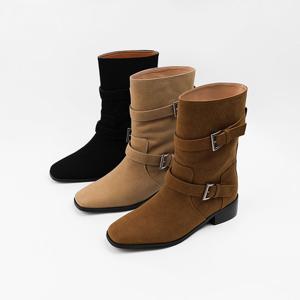 [신난다슈] 여성 미들부츠 3cm 하프 미디 부츠 스웨이드 발편한 통굽 버클 스트랩 AG252525