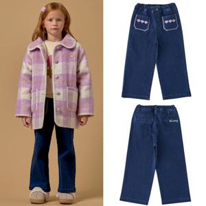 [블루독8-키즈] 다크데님 플라워와이드데님팬츠 면스판 기모 청바지 여아 세돌선물 초등학생 25C1541450