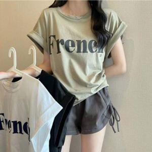 티셔츠 French 롤업 레터링 프린팅소매 반팔 라운드
