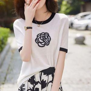 LC09100 2컬러 우아한 장미 라운드 반팔 니트티 여름
