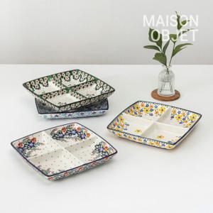 프라카 폴란드풍 도자기 사각 4절 나눔접시 2P